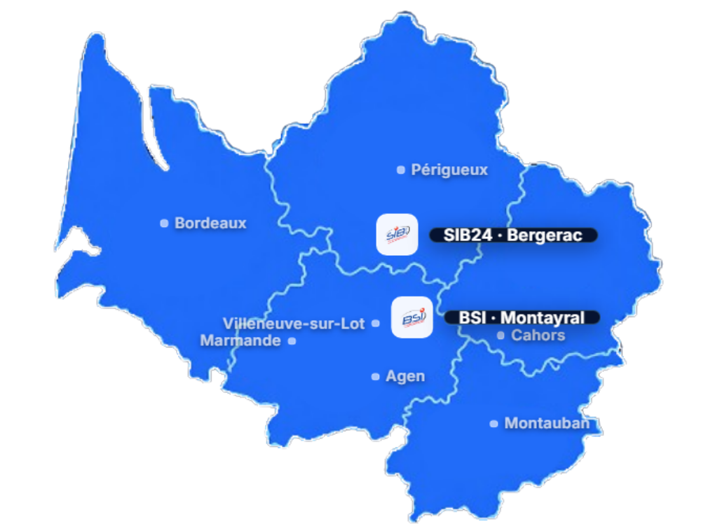 Carte des agences BSI à Montayral et SIB24 à Bergerac